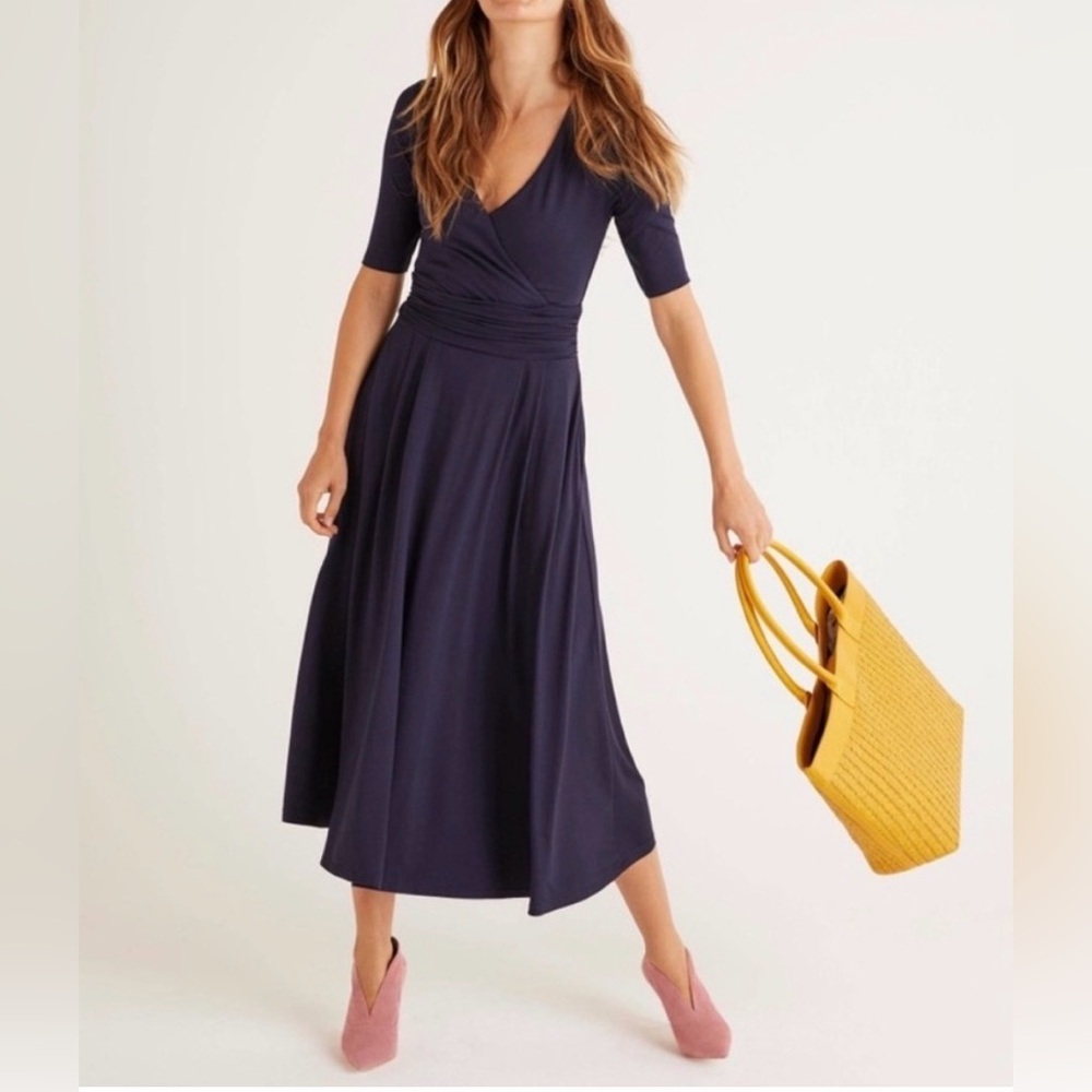 Boden Navy Wrap Midi Dress with Elbow Sleeves